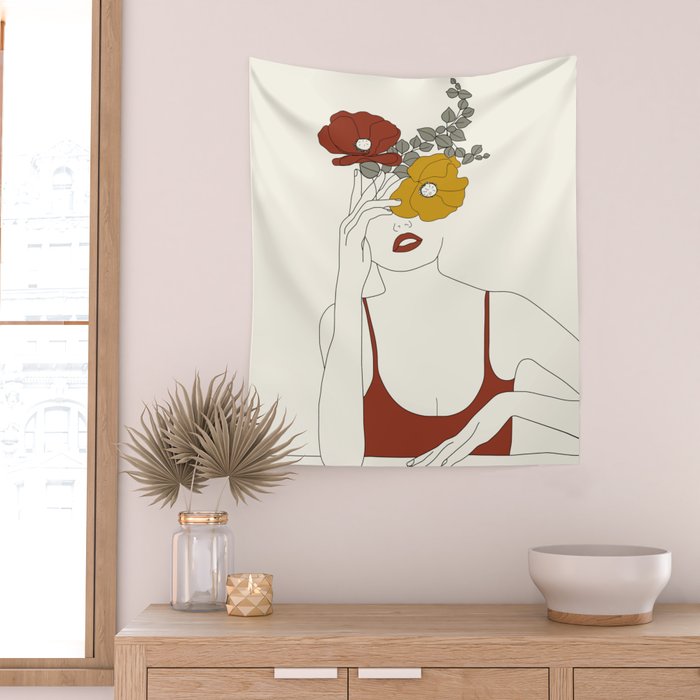 Colorful Thoughts Minimal Line Art Woman with Flowers II Wall Tapestry Gallery Image 2