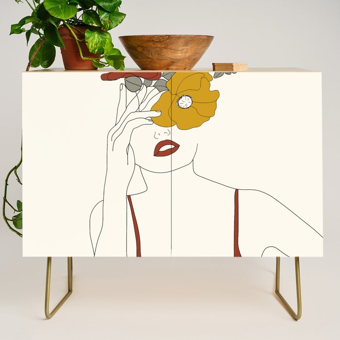 Colorful Thoughts Minimal Line Art Woman with Flowers II Credenza Gallery Image 1