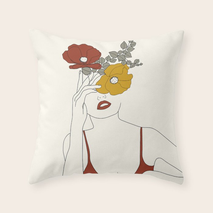 Colorful Thoughts Minimal Line Art Woman with Flowers II Throw Pillow Gallery Image 6