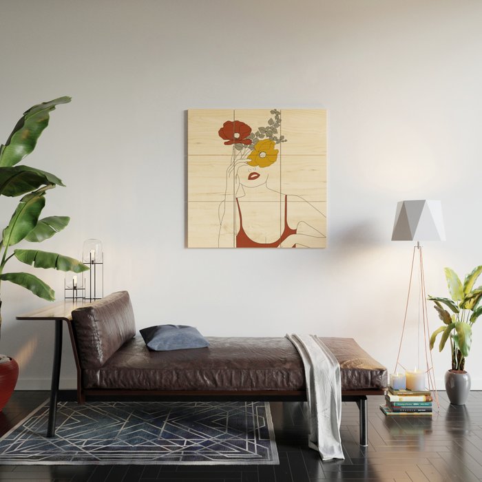 Colorful Thoughts Minimal Line Art Woman with Flowers II Wood Wall Art Gallery Image 2