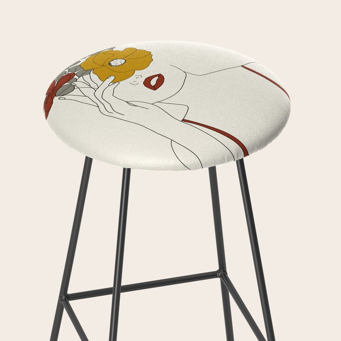 Colorful Thoughts Minimal Line Art Woman with Flowers II Stool Gallery Image 2