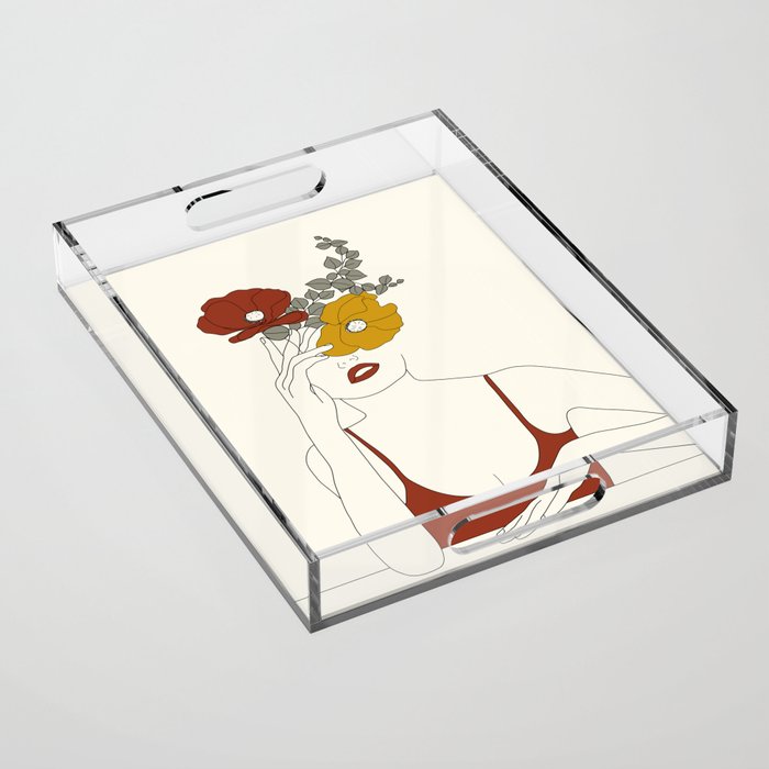 Colorful Thoughts Minimal Line Art Woman with Flowers II Acrylic Tray Gallery Image 1