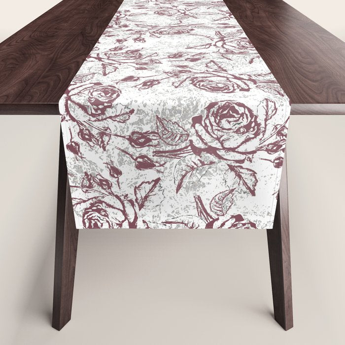 Vintage white gray burgundy floral marble Table Runner Gallery Image 1