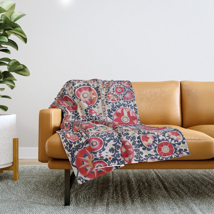 Shakhrisyabz Suzani Southwest Uzbekistan Embroidery Print Throw Blanket Gallery Image 1