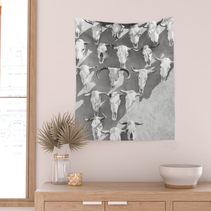 Cow Skulls - West Texas Black and White Photography Wall Tapestry Gallery Image 2