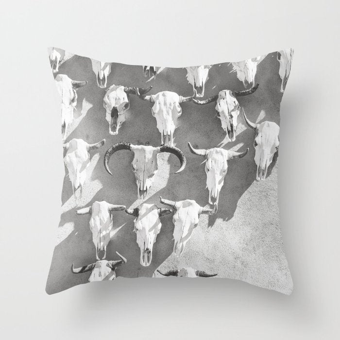 Cow Skulls - West Texas Black and White Photography Throw Pillow Gallery Image 1