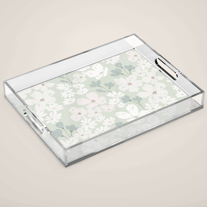 Soft meadow blooms - muted mint, dusty green and beige floral pattern Acrylic Tray Gallery Image 1