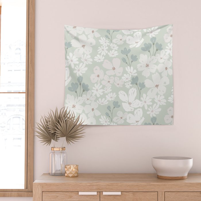Soft meadow blooms - muted mint, dusty green and beige floral pattern Wall Tapestry Gallery Image 2