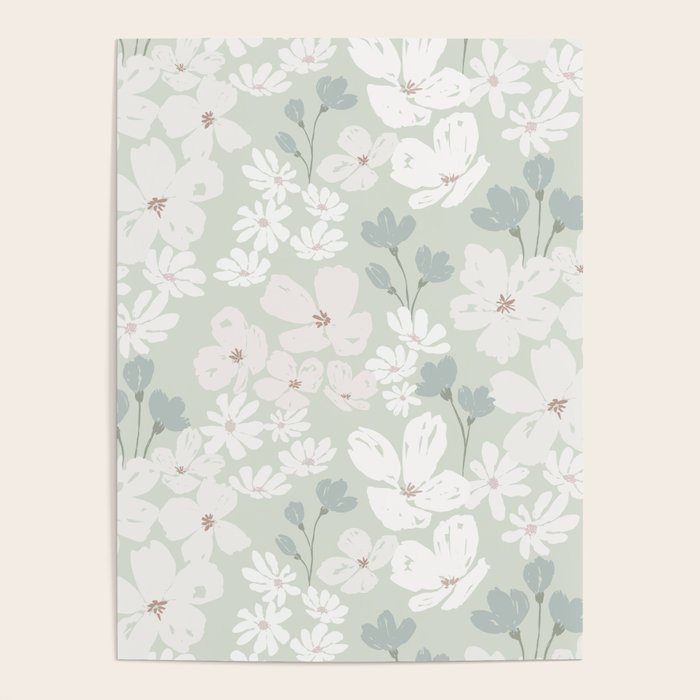 Soft meadow blooms - muted mint, dusty green and beige floral pattern Poster Gallery Image 1