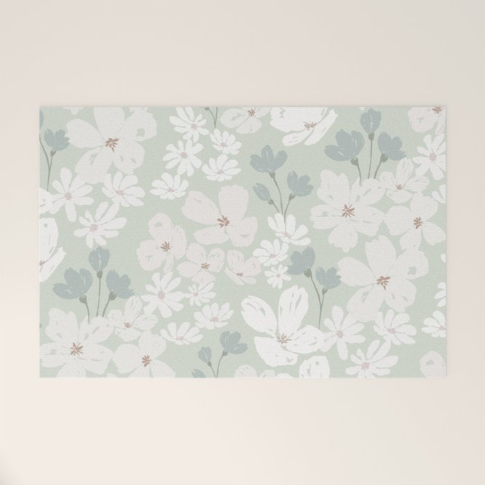 Soft meadow blooms - muted mint, dusty green and beige floral pattern Welcome Mat Gallery Image 1