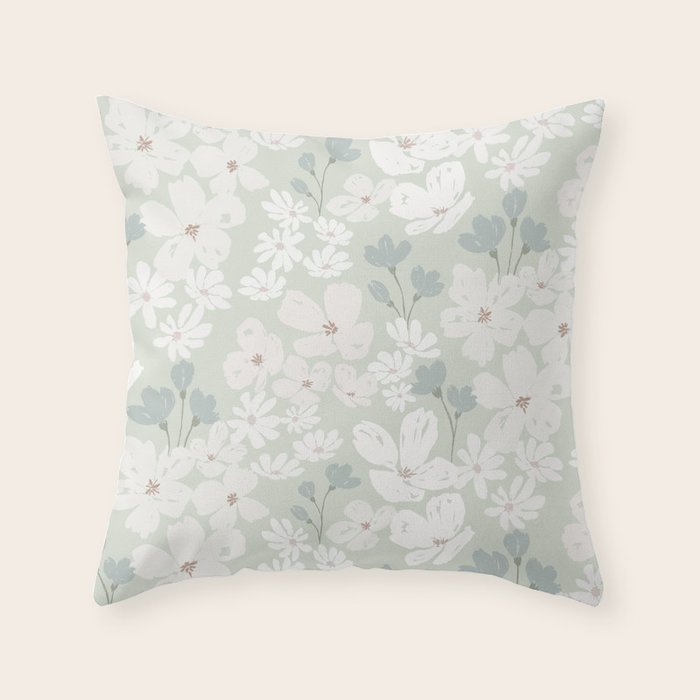 Soft meadow blooms - muted mint, dusty green and beige floral pattern Throw Pillow Gallery Image 1