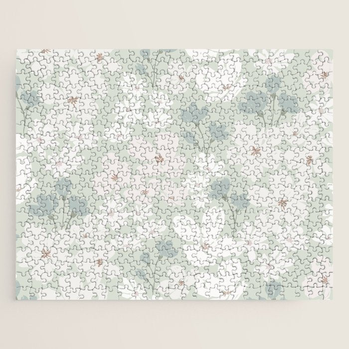 Soft meadow blooms - muted mint, dusty green and beige floral pattern Jigsaw Puzzle Gallery Image 1