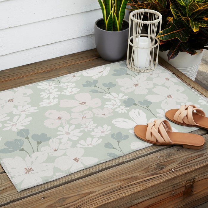 Soft meadow blooms - muted mint, dusty green and beige floral pattern Outdoor Rug Gallery Image 2