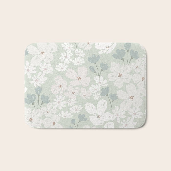Soft meadow blooms - muted mint, dusty green and beige floral pattern Bath Mat Gallery Image 1