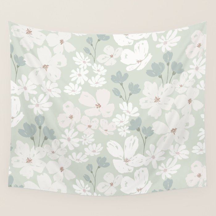 Soft meadow blooms - muted mint, dusty green and beige floral pattern Wall Tapestry Gallery Image 4