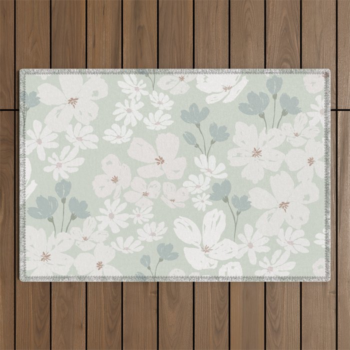 Soft meadow blooms - muted mint, dusty green and beige floral pattern Outdoor Rug Gallery Image 1