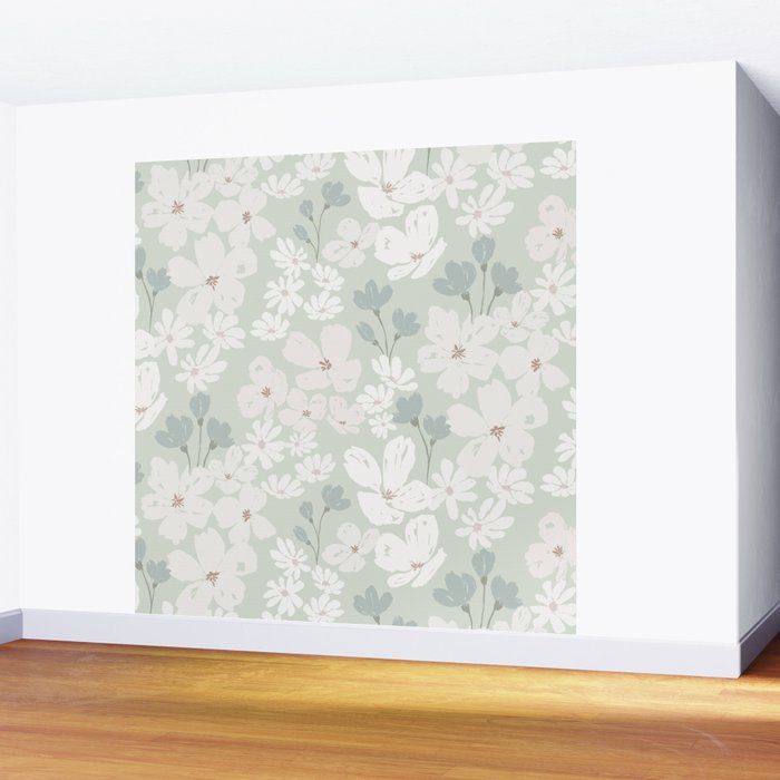 Soft meadow blooms - muted mint, dusty green and beige floral pattern Wall Mural Gallery Image 2