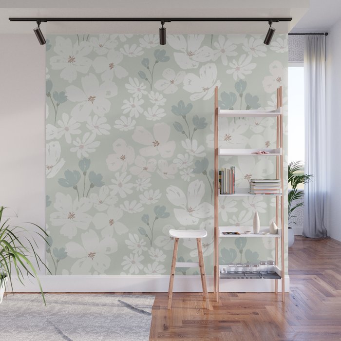 Soft meadow blooms - muted mint, dusty green and beige floral pattern Wall Mural Gallery Image 1