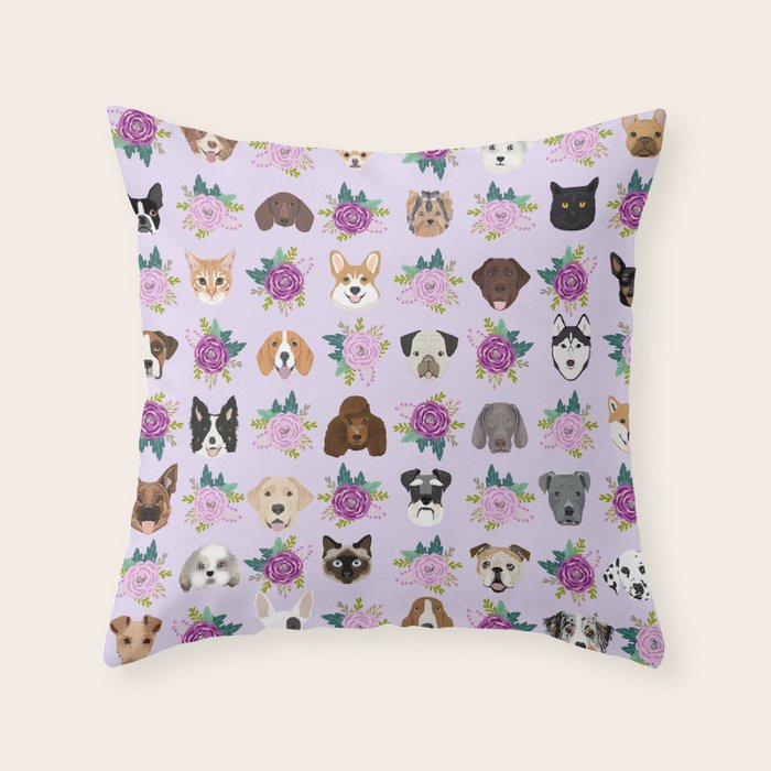 Dogs and cats pet friendly floral animal lover gifts dog breeds cat person Throw Pillow Gallery Image 1