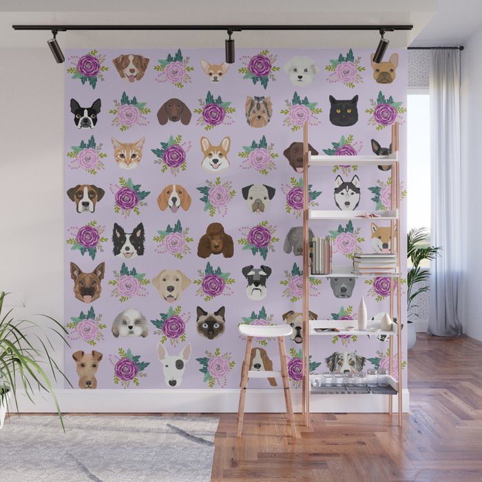 Dogs and cats pet friendly floral animal lover gifts dog breeds cat person Wall Mural Gallery Image 1