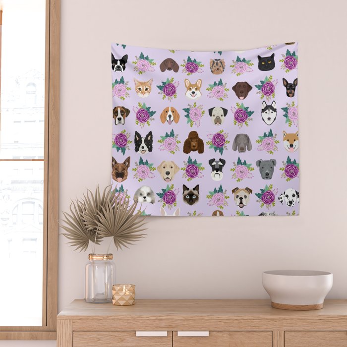 Dogs and cats pet friendly floral animal lover gifts dog breeds cat person Wall Tapestry Gallery Image 2