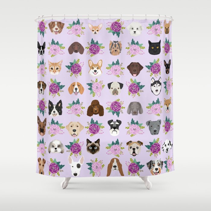 Dogs and cats pet friendly floral animal lover gifts dog breeds cat person Shower Curtain Gallery Image 1