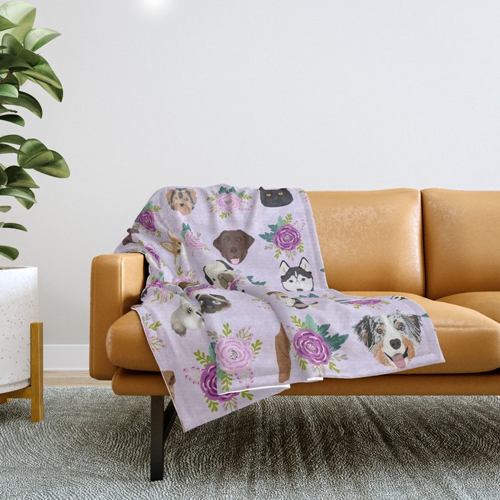 Dogs and cats pet friendly floral animal lover gifts dog breeds cat person Throw Blanket Gallery Image 1