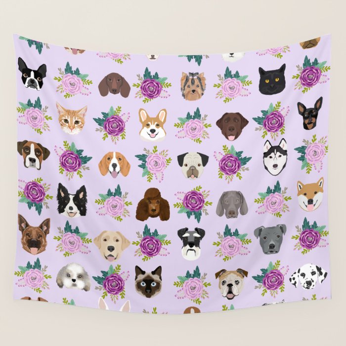 Dogs and cats pet friendly floral animal lover gifts dog breeds cat person Wall Tapestry Gallery Image 4