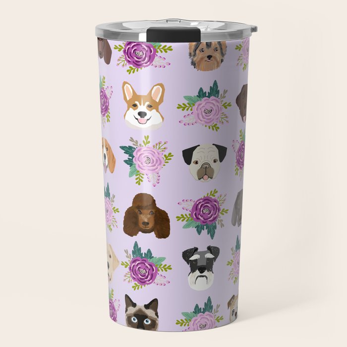 Dogs and cats pet friendly floral animal lover gifts dog breeds cat person Travel Mug Gallery Image 1
