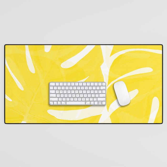 Mellow Yellow Monstera Leaves White Background #decor #society6 #buyart Desk Mat Gallery Image 1