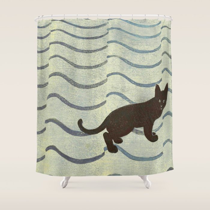Aoyama Masaharu Japanese Woodblock Print Black Cat On Water Vintage traditional Art Shower Curtain Gallery Image 1