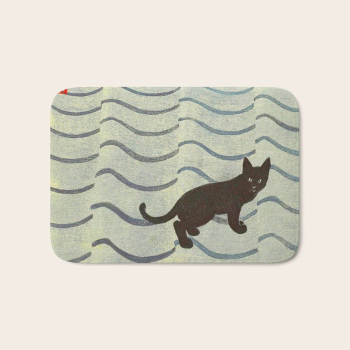 Aoyama Masaharu Japanese Woodblock Print Black Cat On Water Vintage traditional Art Bath Mat Gallery Image 1