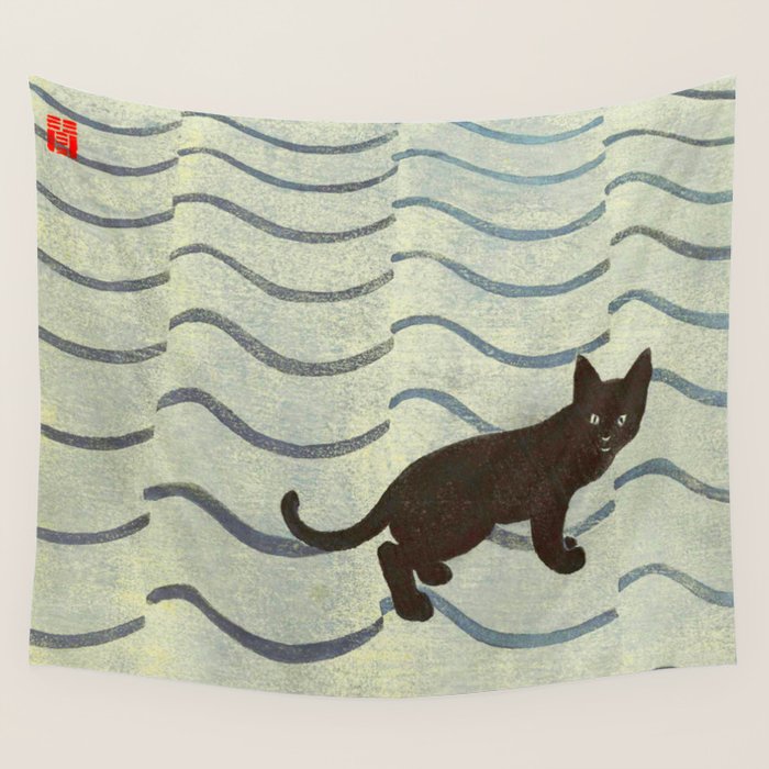 Aoyama Masaharu Japanese Woodblock Print Black Cat On Water Vintage traditional Art Wall Tapestry Gallery Image 4