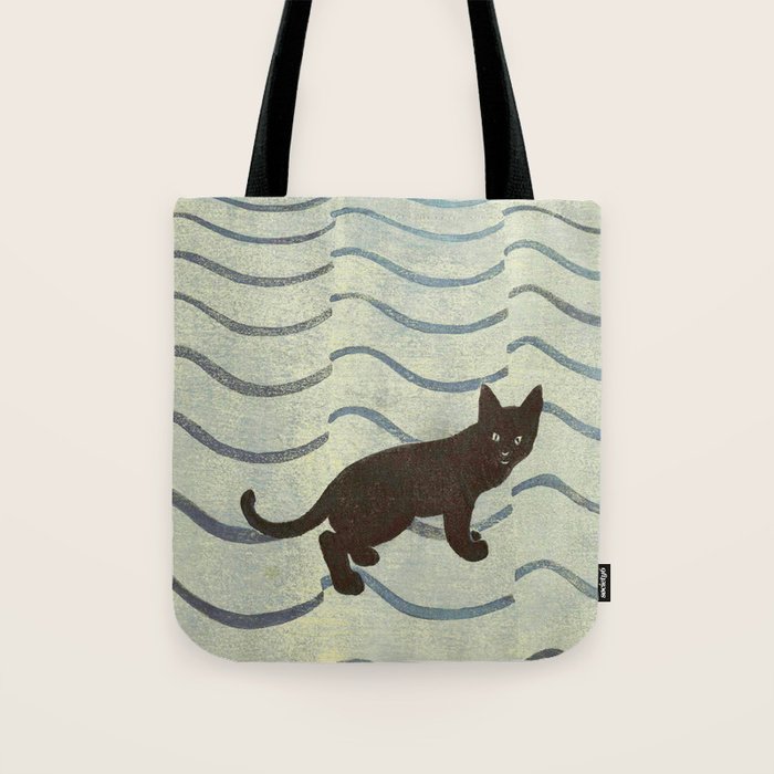 Aoyama Masaharu Japanese Woodblock Print Black Cat On Water Vintage traditional Art Tote Bag Gallery Image 1