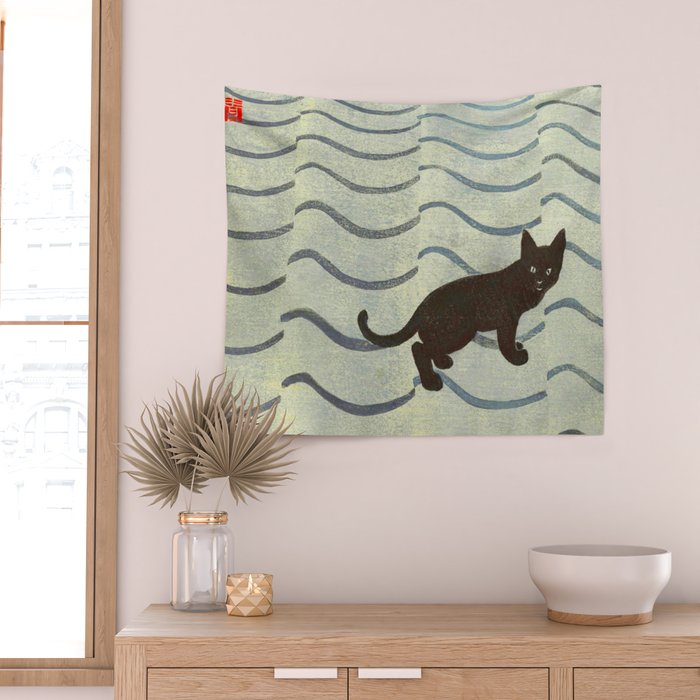 Aoyama Masaharu Japanese Woodblock Print Black Cat On Water Vintage traditional Art Wall Tapestry Gallery Image 2