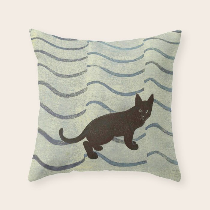 Aoyama Masaharu Japanese Woodblock Print Black Cat On Water Vintage traditional Art Throw Pillow Gallery Image 6