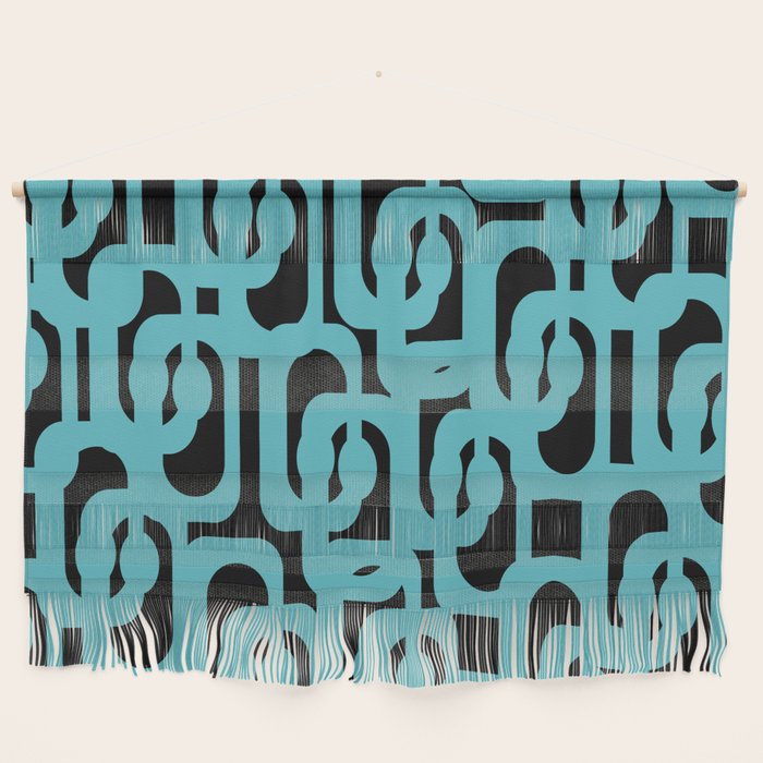 Mid Century Modern Loops Retro Abstract Pattern Turquoise and Black Wall Hanging Gallery Image 1