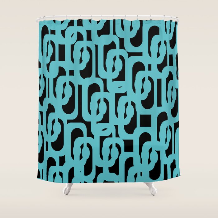 Mid Century Modern Loops Retro Abstract Pattern Turquoise and Black Shower Curtain Gallery Image 1