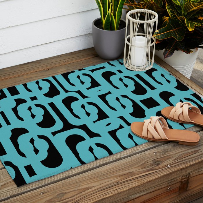 Mid Century Modern Loops Retro Abstract Pattern Turquoise and Black Outdoor Rug Gallery Image 2
