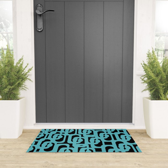 Mid Century Modern Loops Retro Abstract Pattern Turquoise and Black Welcome Mat Gallery Image 3