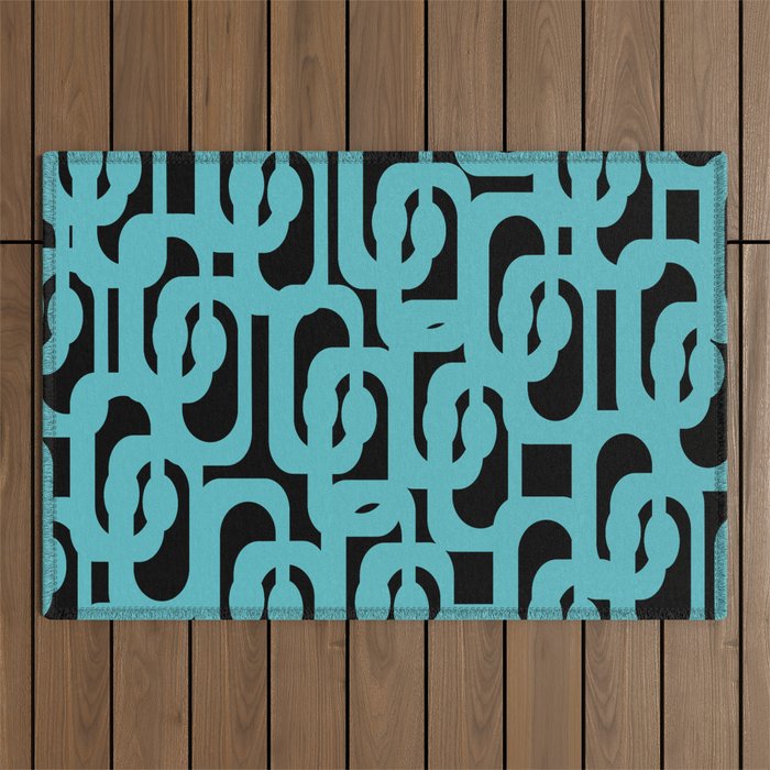 Mid Century Modern Loops Retro Abstract Pattern Turquoise and Black Outdoor Rug Gallery Image 1