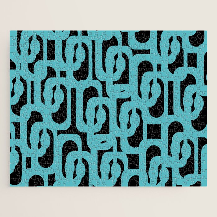 Mid Century Modern Loops Retro Abstract Pattern Turquoise and Black Jigsaw Puzzle Gallery Image 1