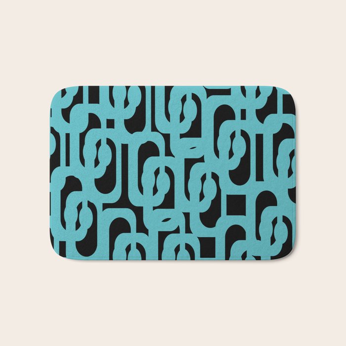 Mid Century Modern Loops Retro Abstract Pattern Turquoise and Black Bath Mat Gallery Image 1