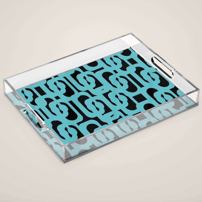 Mid Century Modern Loops Retro Abstract Pattern Turquoise and Black Acrylic Tray Gallery Image 1