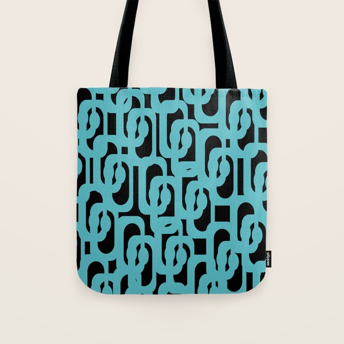 Mid Century Modern Loops Retro Abstract Pattern Turquoise and Black Tote Bag Gallery Image 1