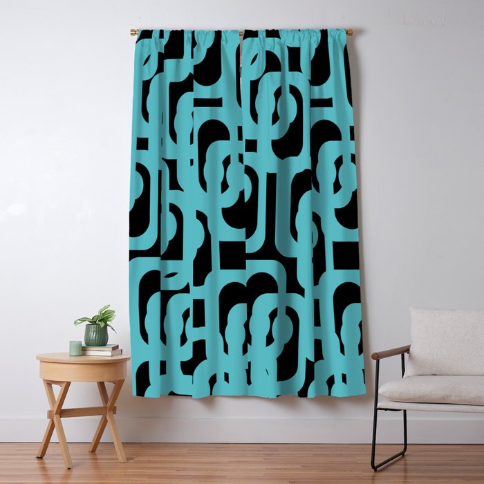 Mid Century Modern Loops Retro Abstract Pattern Turquoise and Black Window Curtain Gallery Image 5