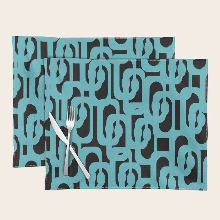 Mid Century Modern Loops Retro Abstract Pattern Turquoise and Black Placemat Gallery Image 1