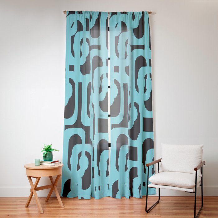 Mid Century Modern Loops Retro Abstract Pattern Turquoise and Black Window Curtain Gallery Image 12