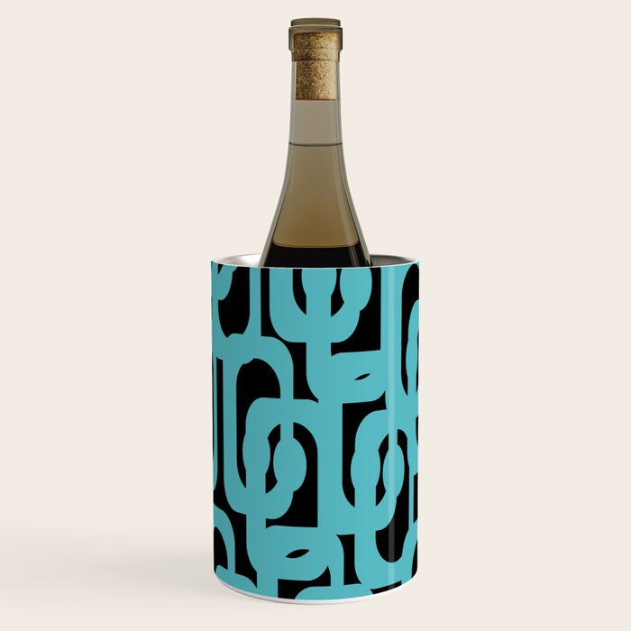 Mid Century Modern Loops Retro Abstract Pattern Turquoise and Black Wine Chiller Gallery Image 1