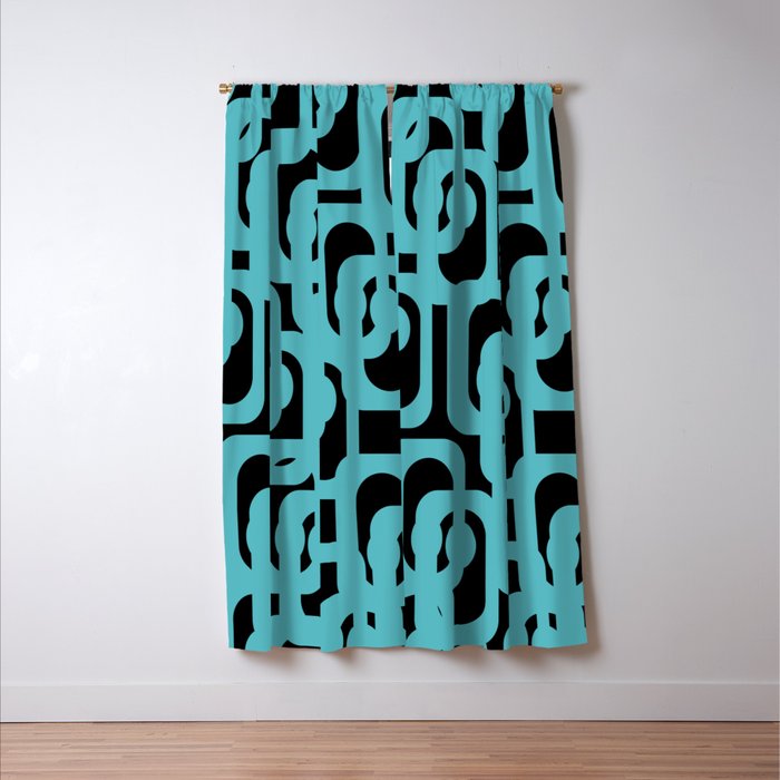 Mid Century Modern Loops Retro Abstract Pattern Turquoise and Black Window Curtain Gallery Image 3